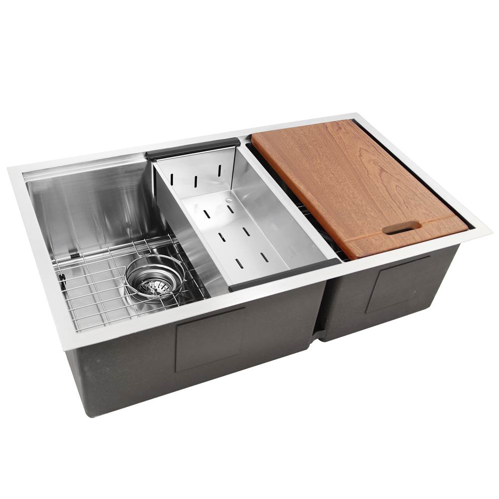 Nantucket Sinks Offset Double Bowl Prep Station Small Radius Undermount Stainless Sink with Accessories