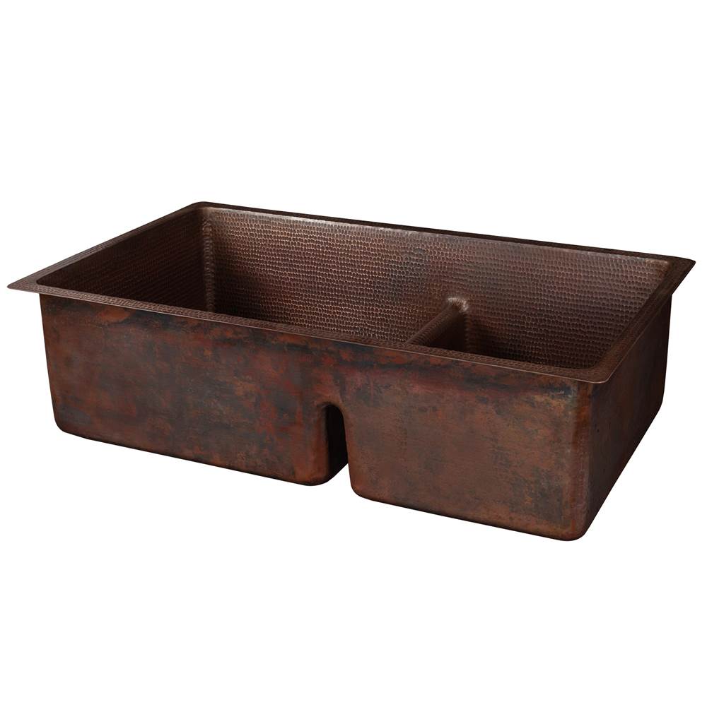 Premier Copper Products 33'' Hammered Copper Kitchen 60/40 Double Basin Sink with Short 5'' Divider