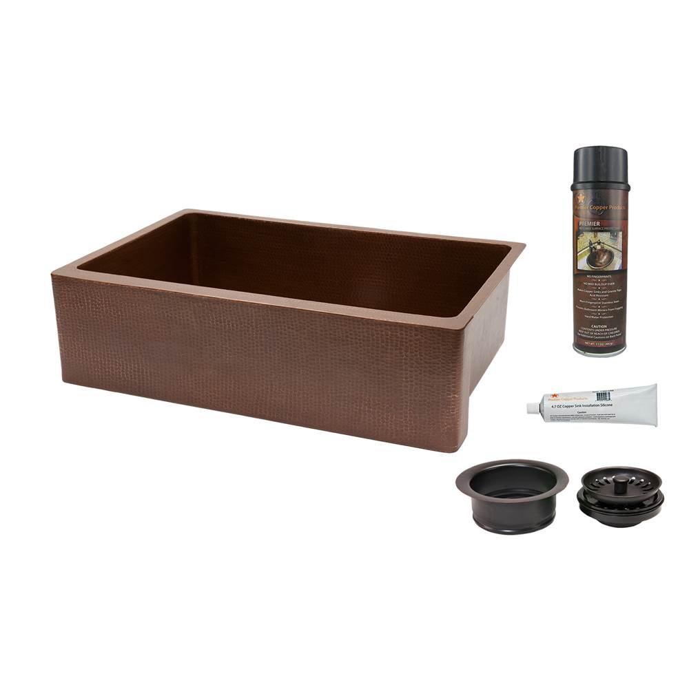 Premier Copper Products 33'' Antique Hammered Copper Kitchen Apron Single Basin Sink with Matching Drain, and Accessories