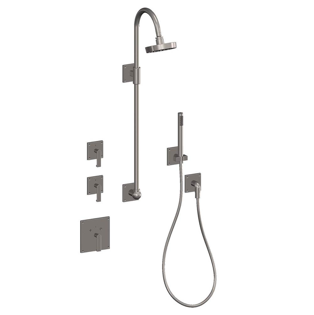 Sun Valley Bronze Cylindrical handshower with separate elbow water supply, perch and hose. Select P-N35 or RP-N35 escutcheons.